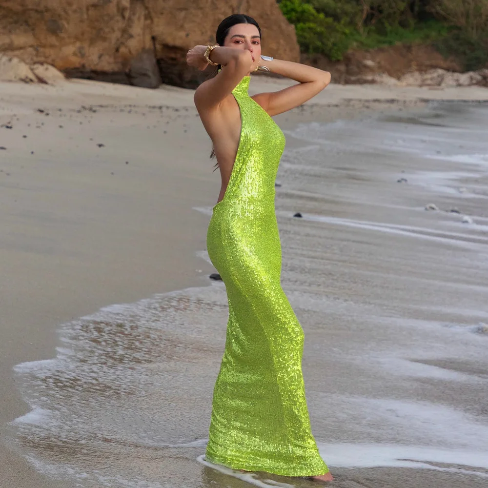 Shiny Sequins Evening Dress Sexy Halter Neck Sleeveless Backless Long Sheath Slim Robe Formal Birthday Glitter Party Prom Gown