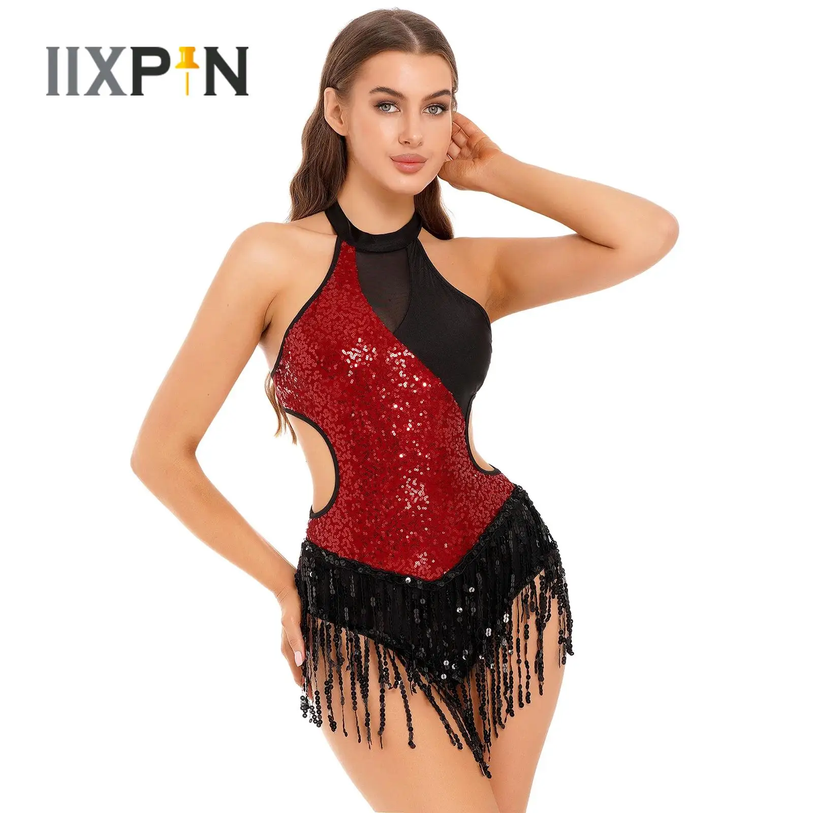 

Latin Cha-Cha Dance Dress for Womens Shiny Sequin Sleeveless Bodysuit Fringed Tassel Leotard Dress Dancewear Performance Costume