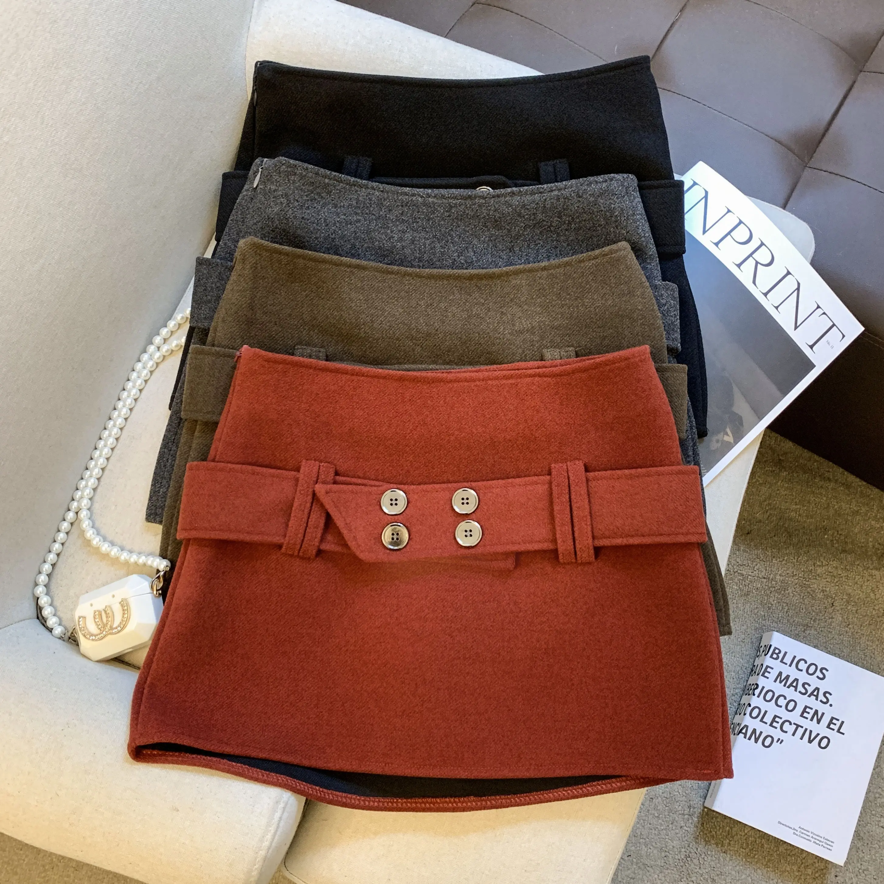 

Women's Autumn Winter Wool&blend A Line Short Skirt Lady Solid Color High Waist Slim Mini Skirt