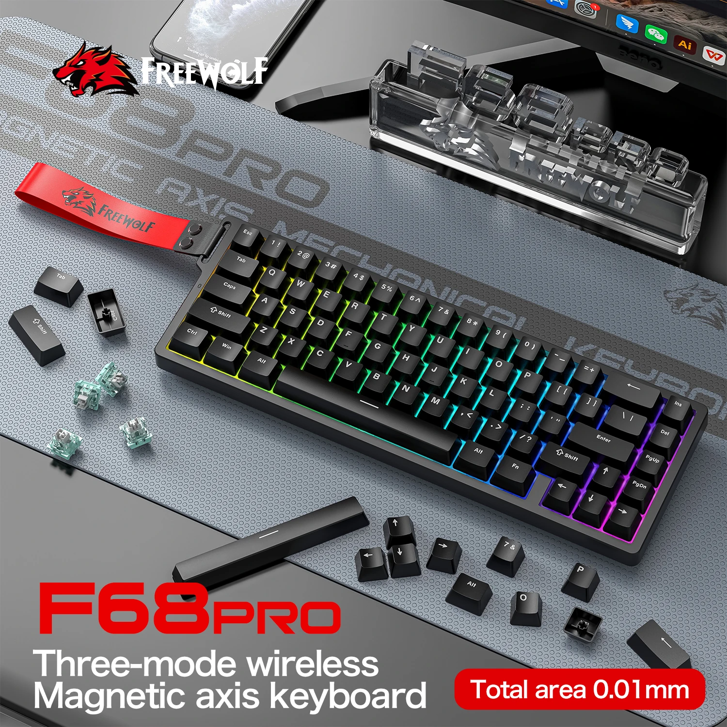 

F68Pro 8 кГц игровые механические клавиатуры, магнитные переключатели, спусковой триггер, трехрежимные проводные/беспроводные, 68% компактные RGB с возможностью горячей замены