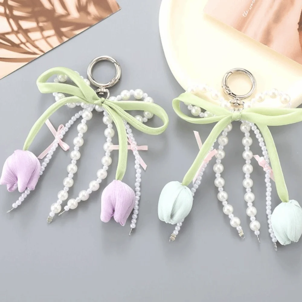 New Ribbon Pearl Tulip Ribbon Keychain Tulip DIY Mobile Phone Pendant Jewelry Style Key Chains Women Bag Charm