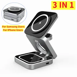 Foldable Magnetic Wireless Charger Stand For iPhone 15 14 13 Samsung 3 in 1 Fast Charging Dock Station For Apple Watch 8 Airpods