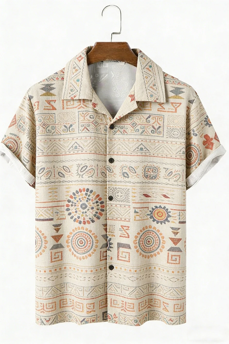 Men's Linen Short Sleeve Lapel Shirt Ethnic Style 3D HD Printed Shirt Hawaiian Outdoor Party Designer Shirt Men's Fast Shipping