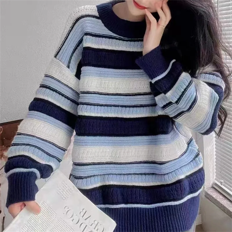 

Khaki Striped Knitted Sweater Female Jumpers Long Sleeve Knitting Pullovers Women Pull Tops Autumn White Loose Sweaters LX46