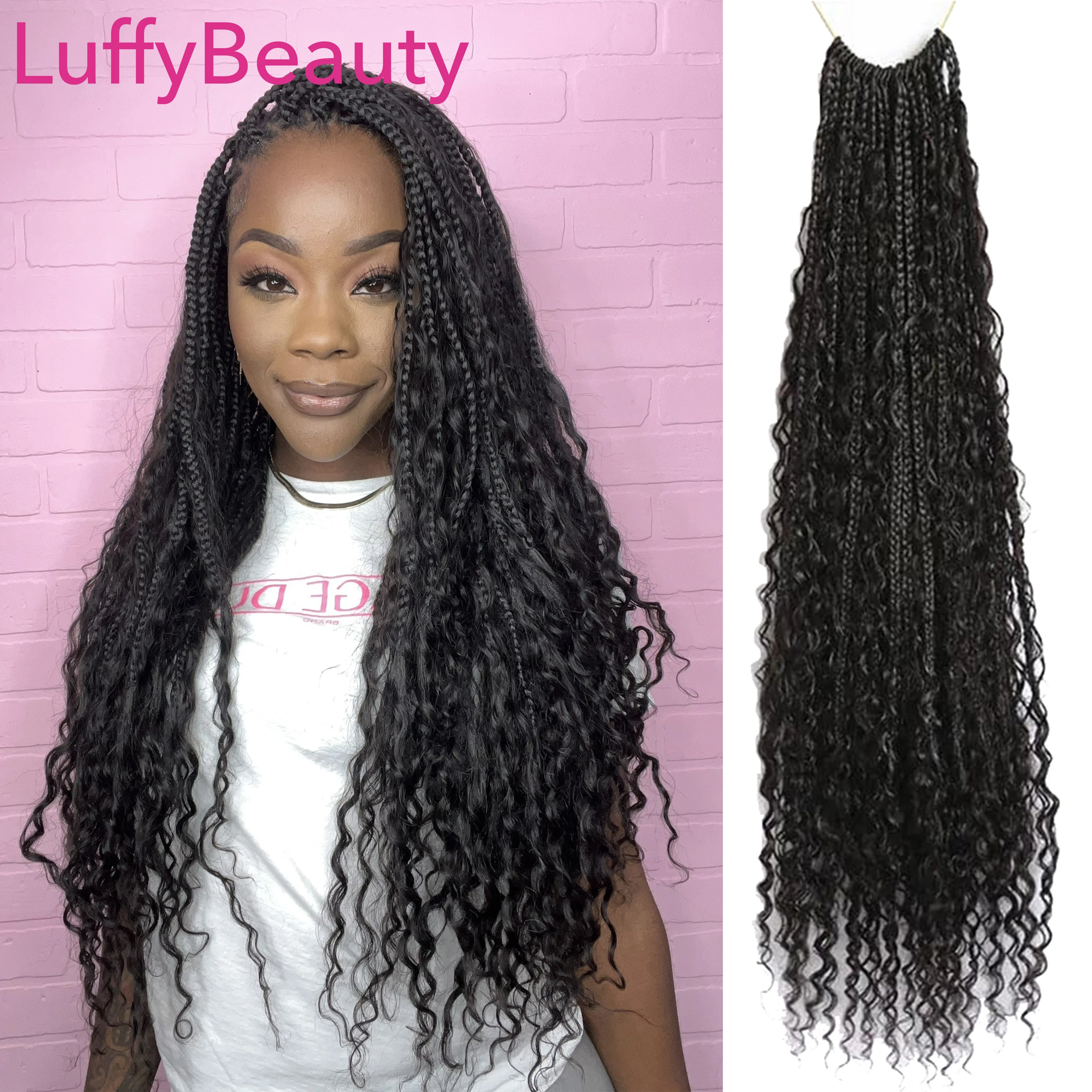 

Human Hair Goddess Boho Braids Crochet Hair Pre-Looped Braiding Hair Curly Full Ends Hair Extensions For Black Women LuffyBeauty