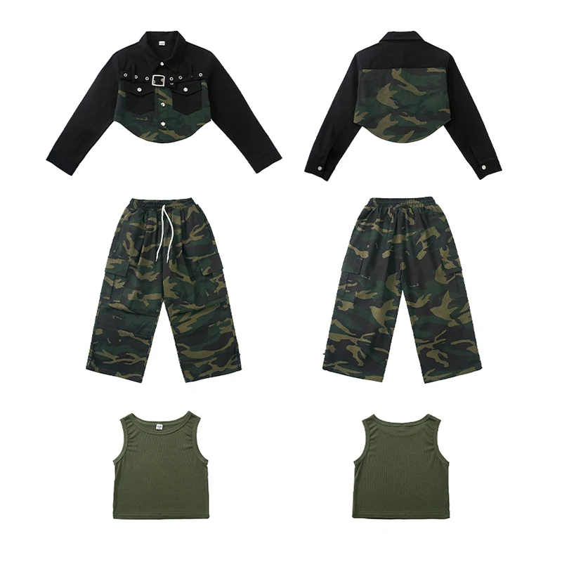 힙합 댄스 코스튬 소녀 재즈 케이팝 무대 의상, 위장 셔츠 바지, 패션 어린이 의류, 스트리트 댄스 의류, VDL1665