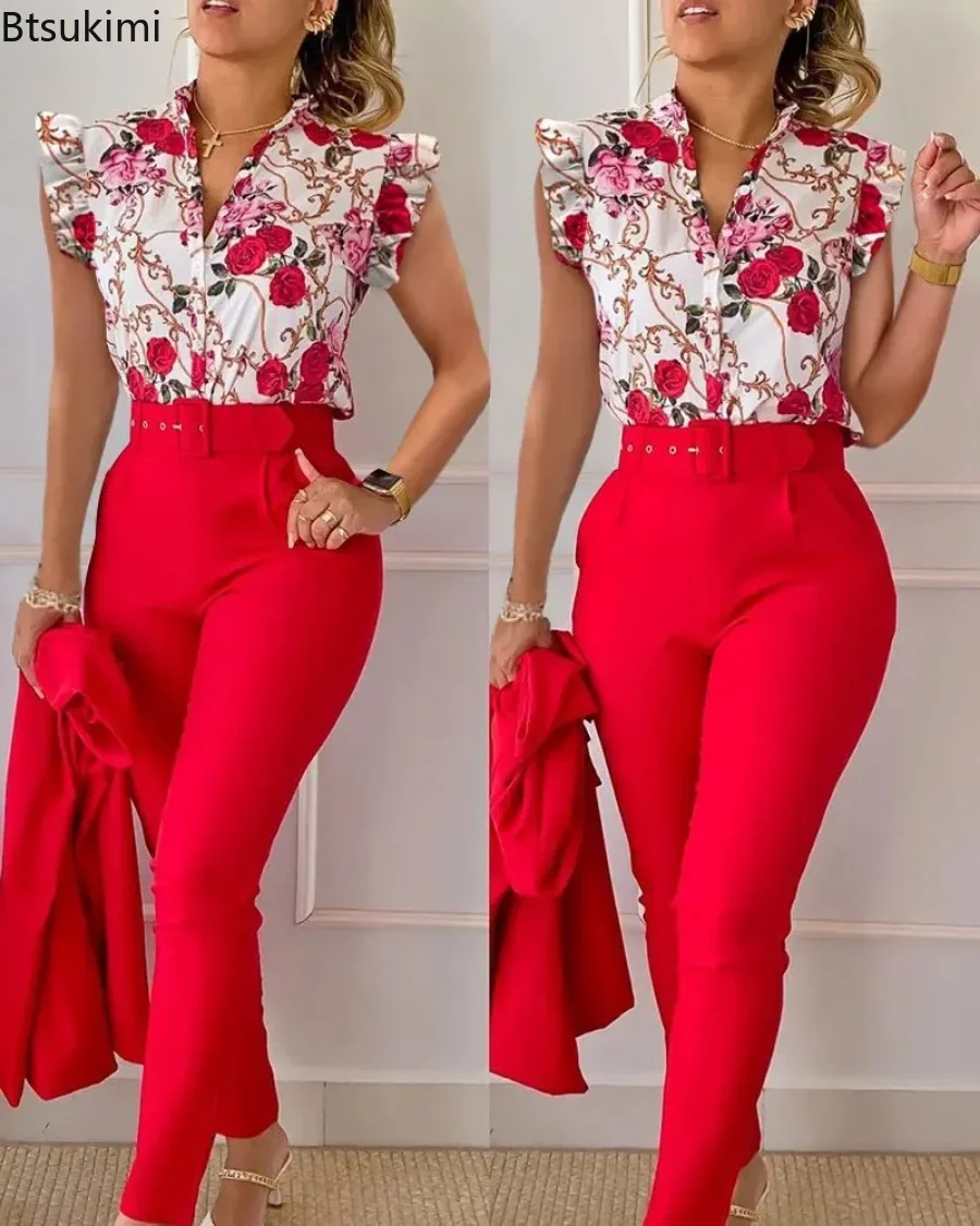 2024 Women\'s Summer Floral Print Shirt and High Waist Pants with Belt Women 2pcs Office Suit Sets Slim 2 Pieces Suit Pants Sets