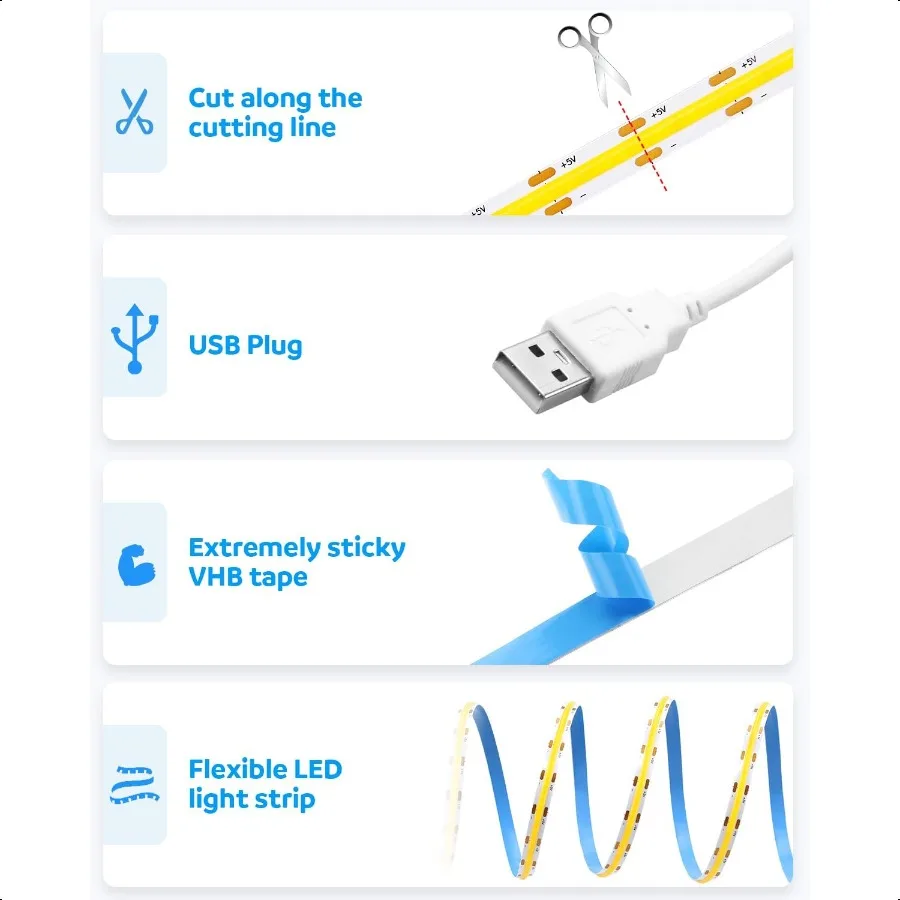 Aclorol USB Led Light Strip COB Led Strip Lights 5V Daylight Cold White 6000K 3.28FT 320Leds Flexible TV Led Lights USB Powered