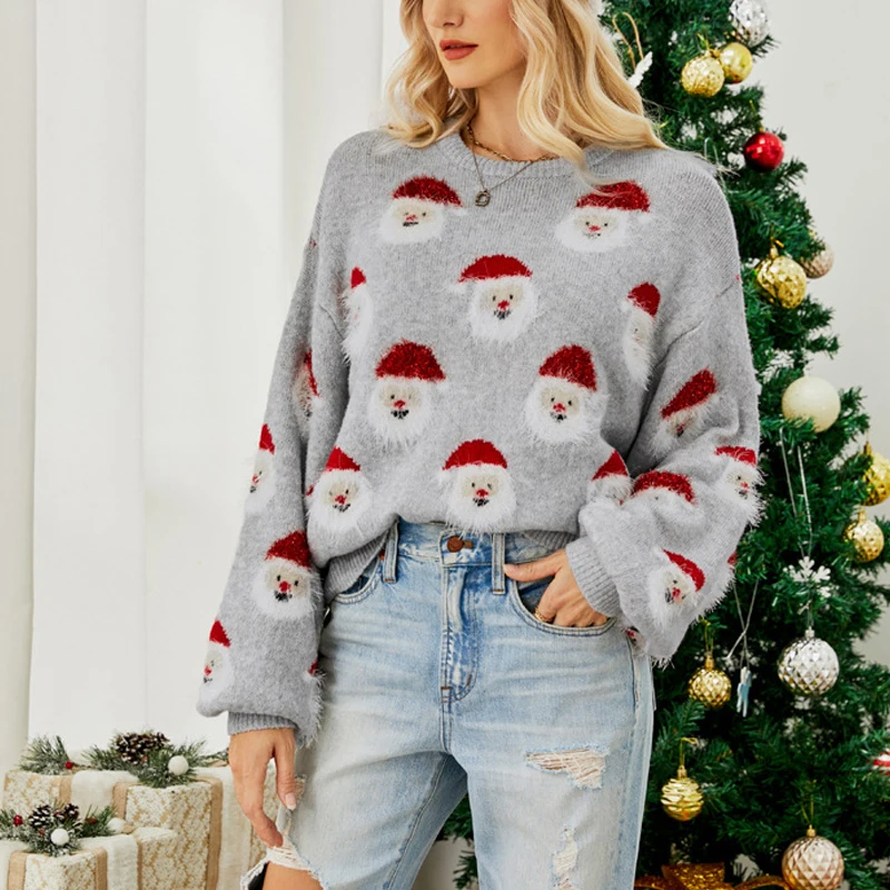 2023 Ladies Cute Sweater Autumn/Winter New O-Neck Lantern Sleeve Loose Knitted Tops Traf Pullover Father Christmas Sweaters