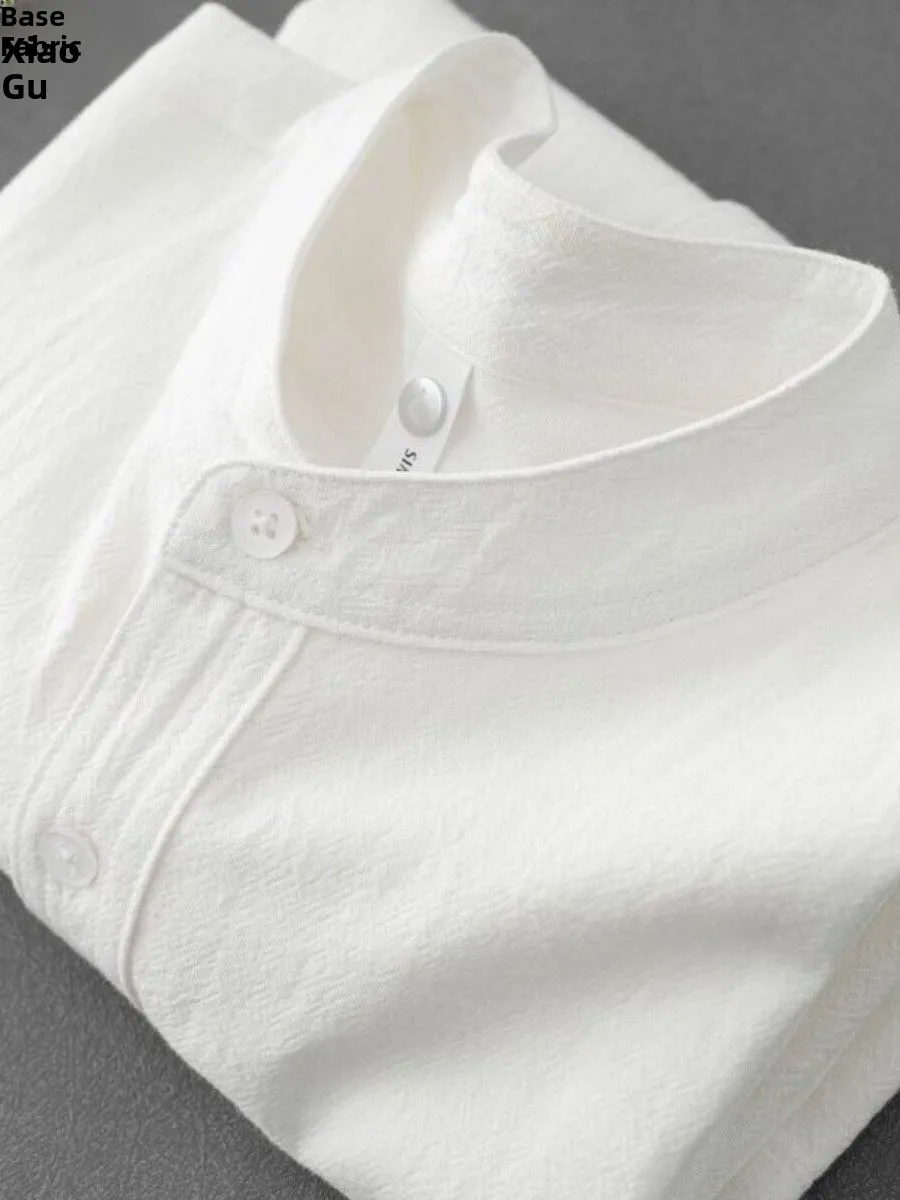 

Men's Cotton Linen Short Sleeve Shirt Henry Collar Pure Color Stand Collar Summer Autumn Spring Long Sleeve Top Citywalk Style