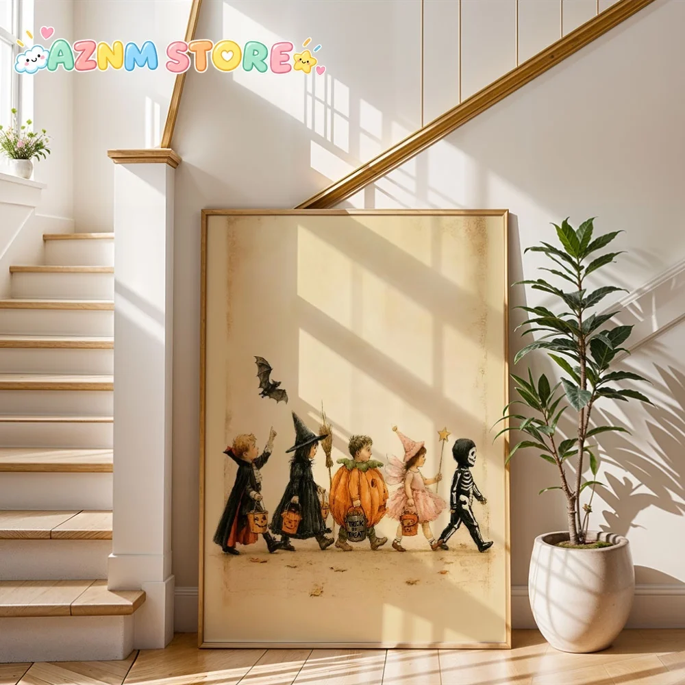 2D Flat, Vintage Halloween Trick Or Treat Posters Cute Costumes Parade Canvas Prints Wall Decor, Canvas Art Print for Living