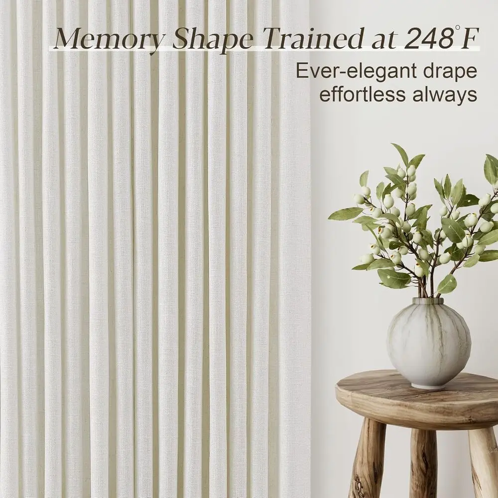 Cream Ivory 108 Flax Pleated Linen Curtains with Memory Light Filtering and Back Tab for Track System