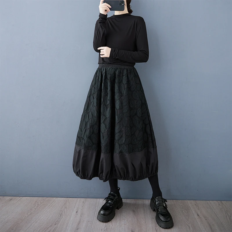 الرجعية Bla تصميم فريد f-طول تنورة المرأة ربيع الخريف Faionable منتفخ تنورة ميدي زهرة برعم تنورة #5