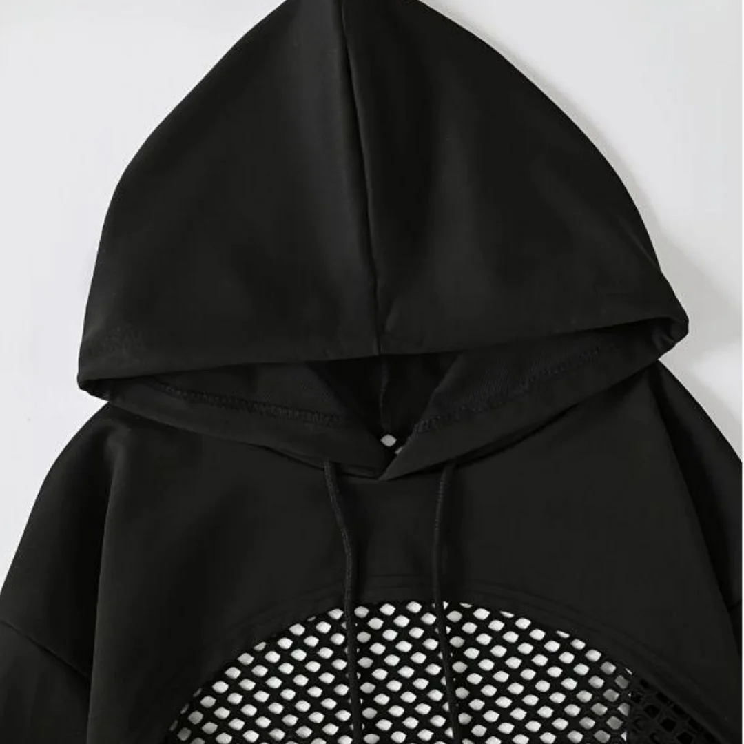 Chic Hollow Out Hoodies Solid Long Sleeve Backless Drawstring Sports Hooded Tops Fashion Streetwear Hip-Hop Style Dancing Outfit