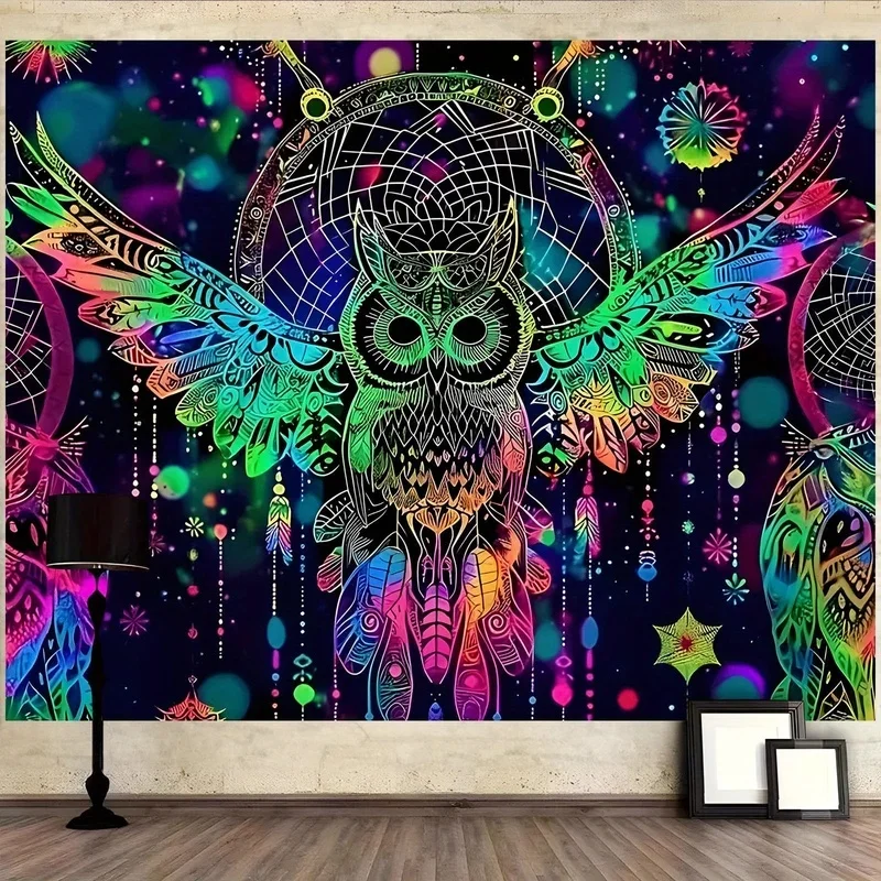 VIKAMA Boho Owl Dreamcatcher Tapestry Wall Hanging Colorful Tribal Owl Art Design Aesthetic Backdrop for Wall Decor