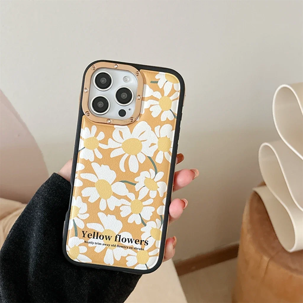 Yellow Background Full Screen White Flowers Metal Frame Shockproof Protective Phone Cover Case for iPhone 16 15 14 13 Pro Max