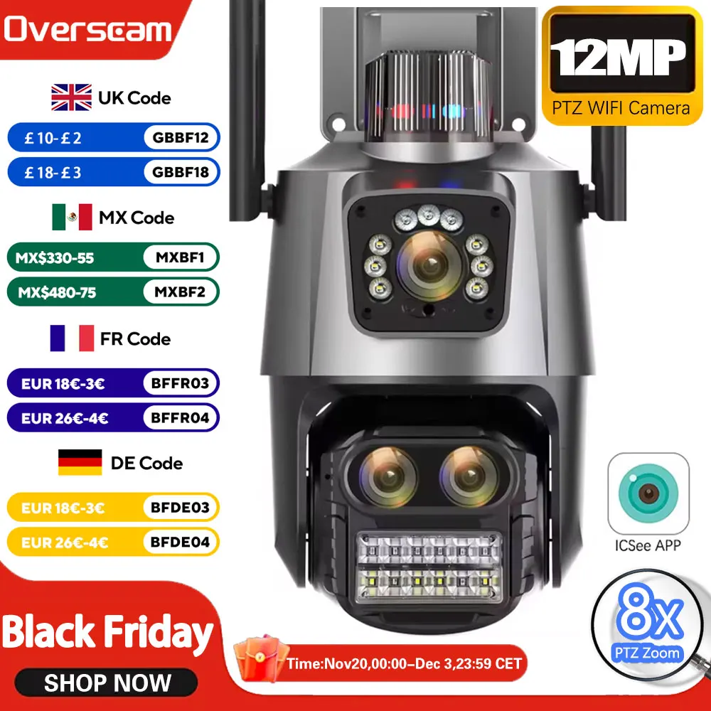 

12-мегапиксельная 6K Wi-Fi IP-камера для улицы, три объектива, двойной экран, 8-кратный PTZ-зум, видео, автоматическое отслеживание, защита, наблюдение Onvif ICSEE