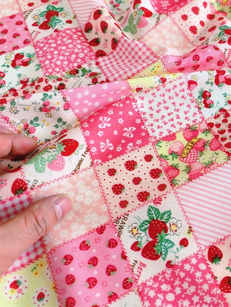 Pure Cotton Strawberry Patchwork Plaid Skin-friendly and Comfortable Printed Fabric Floral Handmade DIY Clothing Dress by Half M