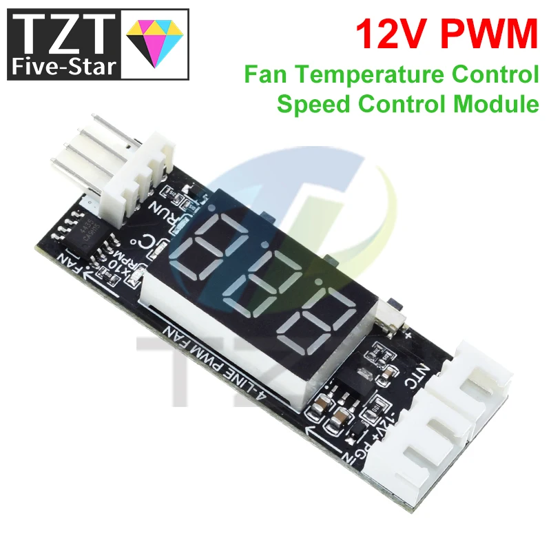 TZT DC12V 4-Wire Min Temperature Controller Speed Governor Fan Speed Motor Controller Digital Display Module Power Supply