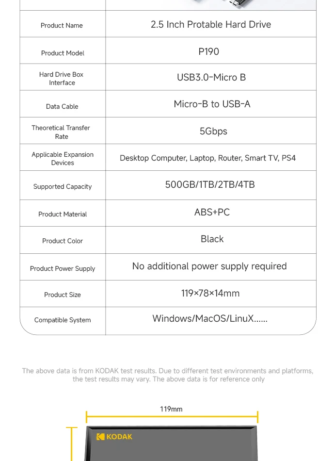 KODAK P190 Tragbare Externe Festplatte HDD 500GB 1TB USB 3.0 Mechanische Mobile Festplatte für PC Laptop Gaming-Speicher – Detail 12