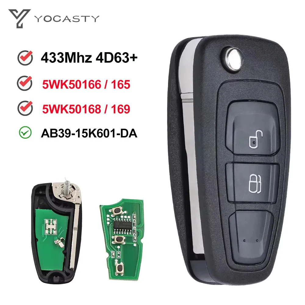YOCASTY 5WK50166 AB39-15K601-DA 2 Button 434MHz FSK 4D63+ Flip Car key For Ford Ranger Focus Mondeo 2011 2012 2014 2015 5WK50165