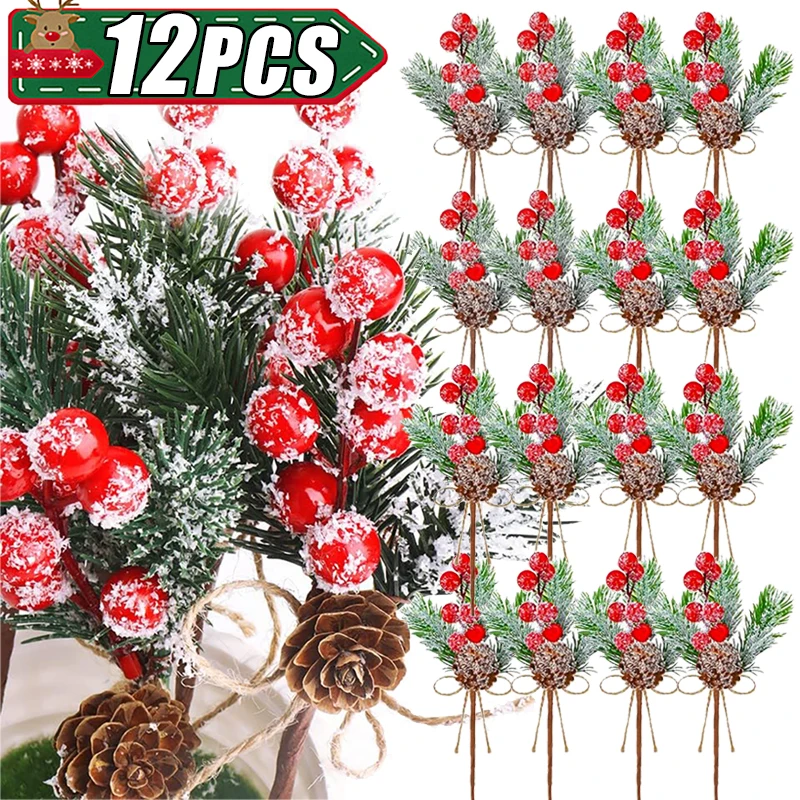 12-2PCS Artificial Red Berry Branches Christmas Picks Spray Simulation Pine Cones Holly Stem Craft Christmas Navidad Decorations