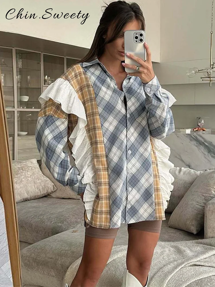 

Casual Contrast Color Lace Plaid Shirts Women Loose Lapel Full Sleeve Single Breasted Blouses 2025 Autumn Lady All-match Outwear