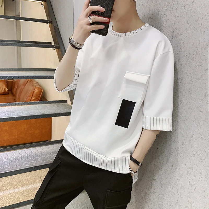 Korean Youthful Vitality 3/4 Sleeve T-shirts Summer Fashion Striped Patchwork Men\'s Clothing O-Neck Casual Pockets Pullovers New