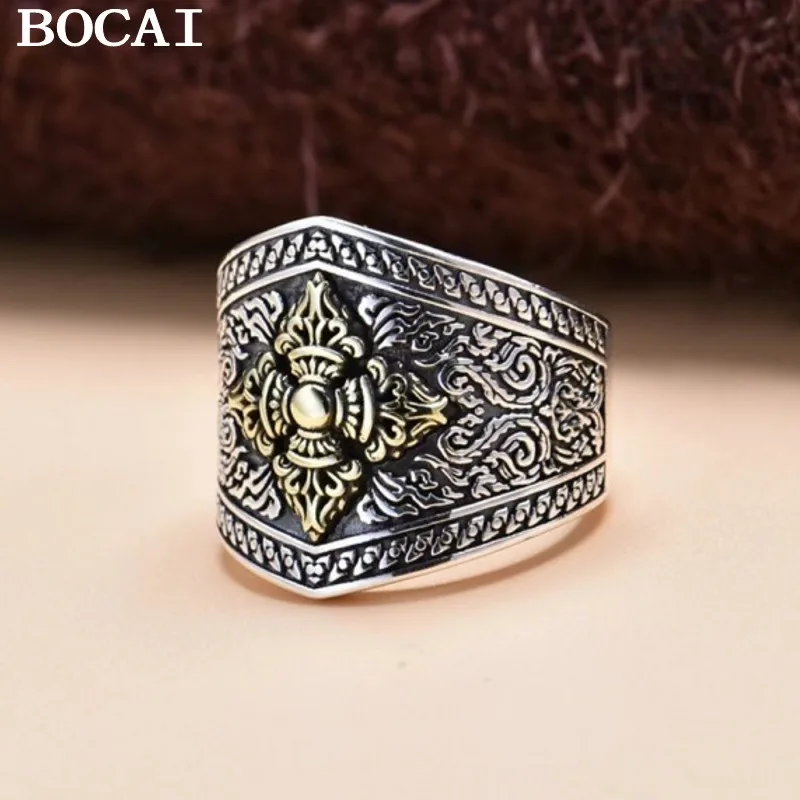 

BOCAI NEW S925 Sterling Silver Retro Trendy Personalized Patterned Diamond Pestle Open Ring Men's and Women's Gift