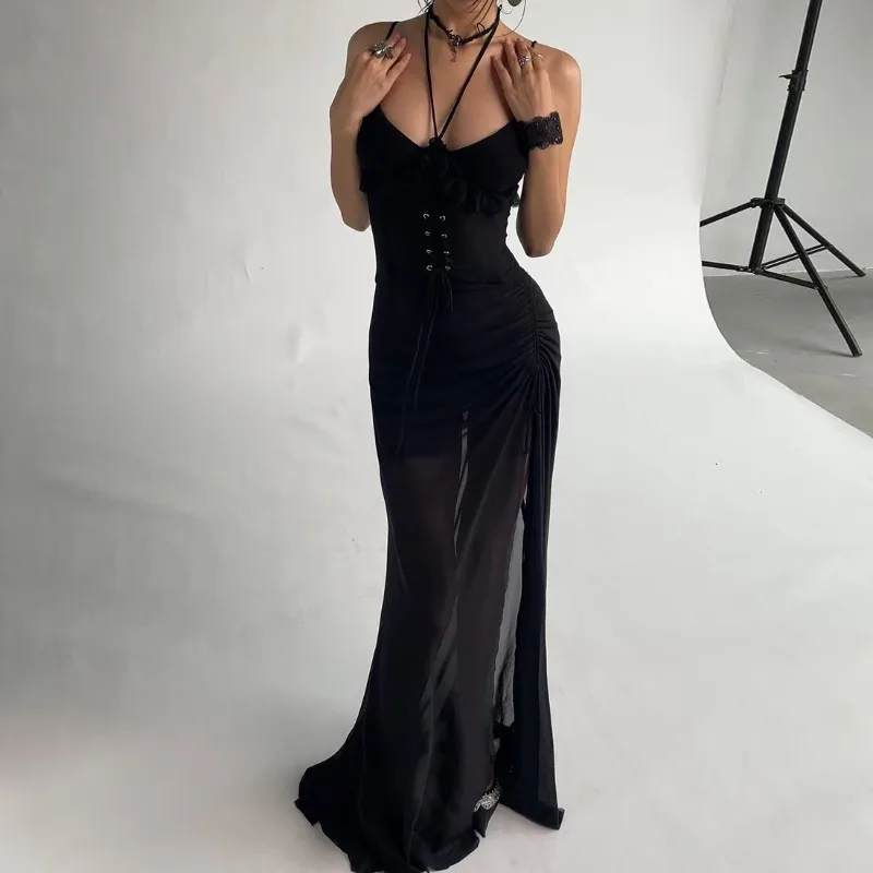 

Длинное платье макси с завязками, прозрачными вставками из сетки, рюшами, открытой спиной и тонкими бретелями для вечеринок и клубов