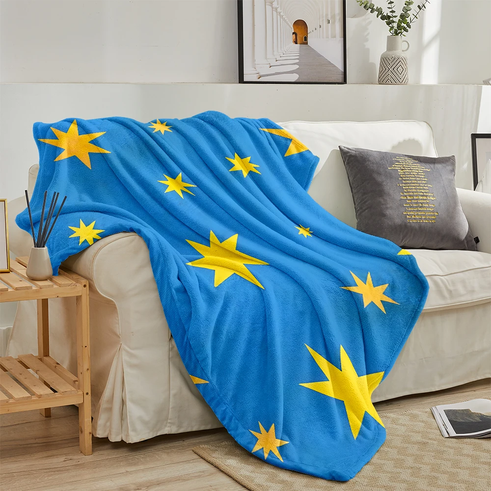 Blue Yellow Octagram Stars Flannel Blanket Cartoon Printed Throw Blanket for Kids Adults Soft Plush Bed Sofa Cover Gift