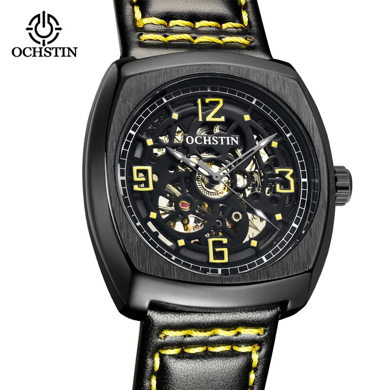 OCHSTIN 2022 Mens Automatic Watches Skeleton Steampunk Mechanical Leather Male Clock Vintage Blue Square Relogio Masculino 44mm