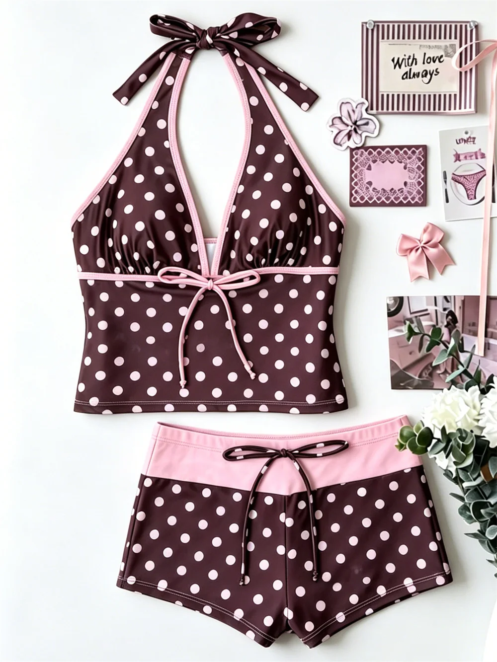 Dot Bikini Set Pink and Brown Tankini Swimsuit 2000s Women's Bikinis and Tankinis Cute Y2k Swimsuits Short Swimwear Beach Outfit