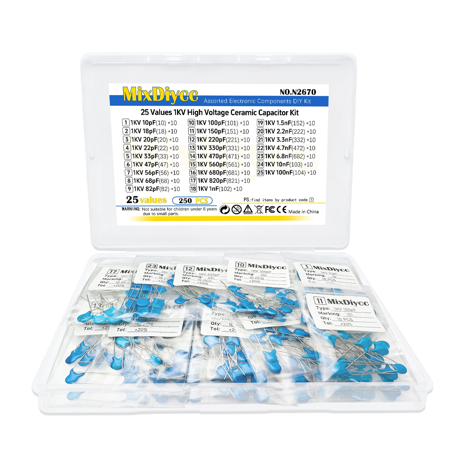 25 values 1KV High voltage Ceramic Capacitor kit 10/18/20/22/33/47/100/220/330/470/560/1/2.2/3.3/4.7/5.6/6.8/8.2 pF nF 250 pcs