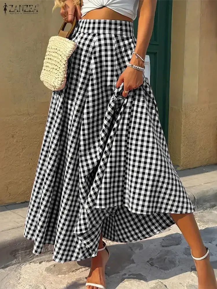 

2025 ZANZEA Autumn Jupes Women Elegant High Waist Plaid Skirts Stylish Holiday Long Skirt Casual A-line OL Work Faldas Saia Robe
