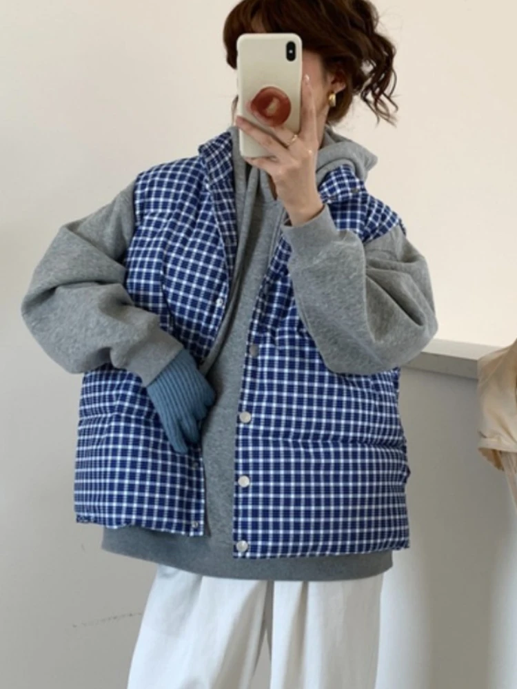 

Korean Style Blue Checkered Cotton Jacket Women Fall Winter Bread Vests Stand Collar Sleeveless Single Breasted Parkas