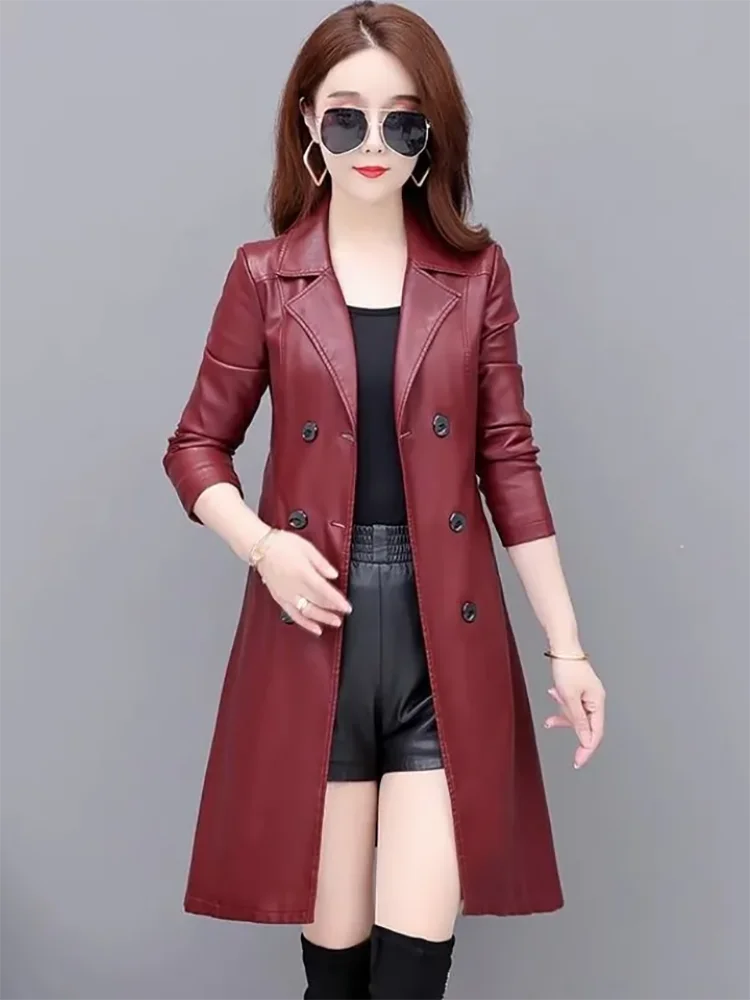 2024 Autumn Winter Chic Leather Jacket Women\'s Overcoat High-End Fashion Mid-Length Slim Korean Sheepskin Windbreakers Coat Tops