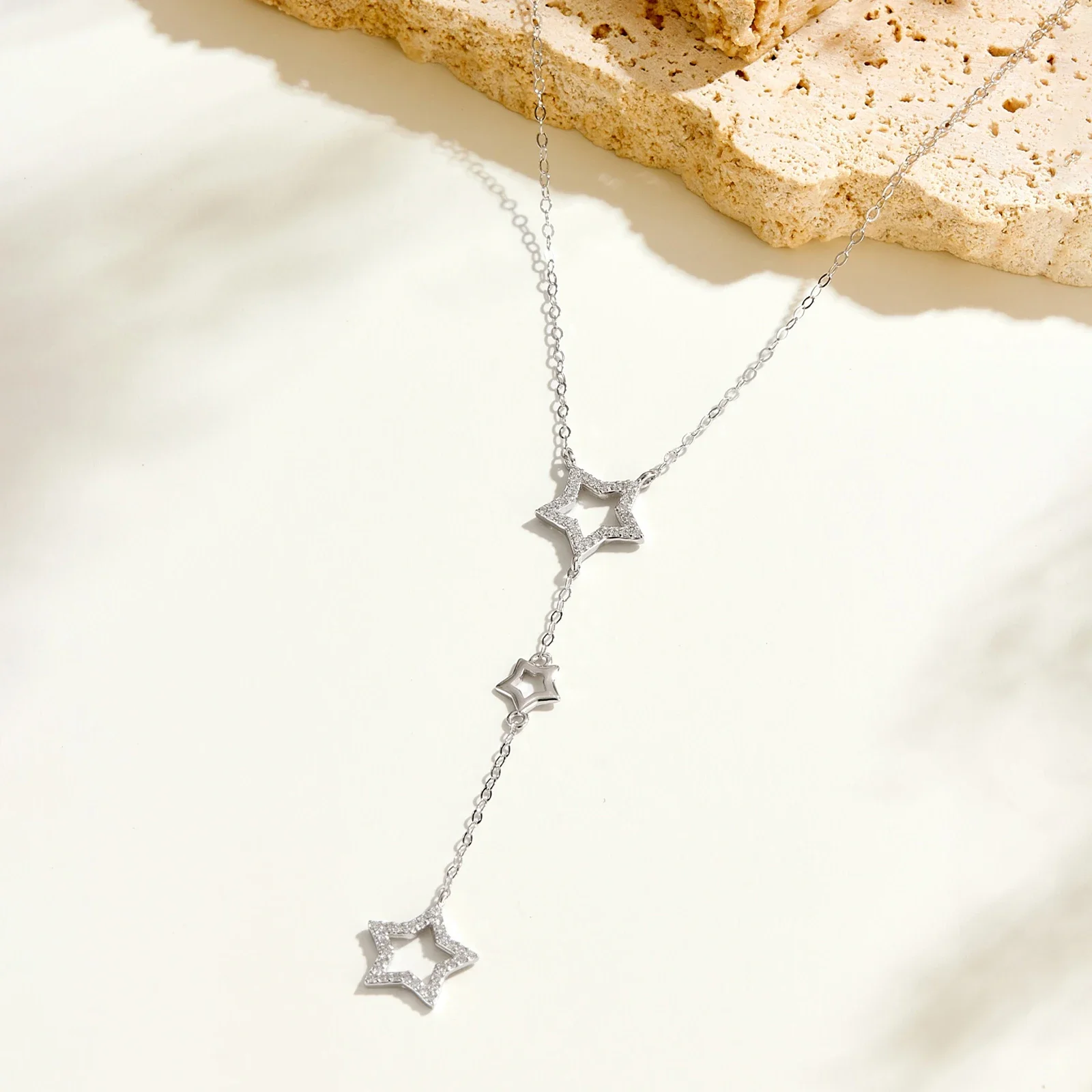 ANDYWEN 925 Silver Star Necklace, Lariat Full CZ with Openwork, Sweet & Chic Jewelry Gift Box, Day to Evening Wear