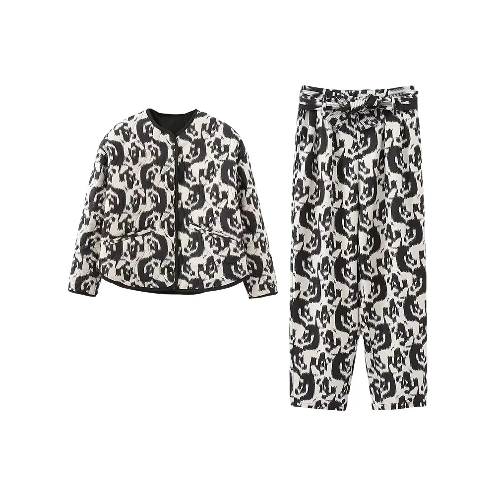 

KONDALA Vintage Lady Pant Set Printed Padding Jacket Coat Or Belt Long Pant 2025 Fall Winter Fashion Casual Elegant Women Set