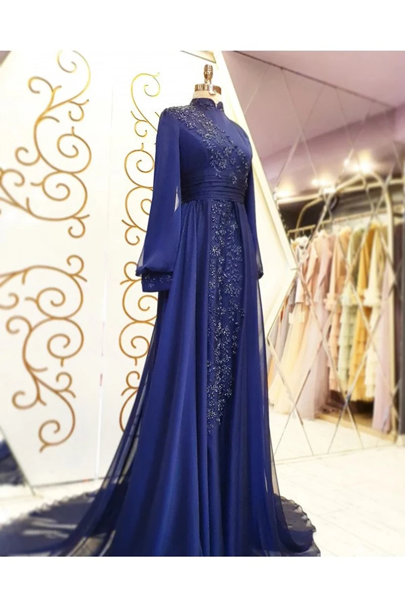 Royal Blue Long Sleeve Muslim Hijab Evening Dresses High Neck Moroccan Caftan Chiffon Appliques Formal Party Gown Robe De Soiree