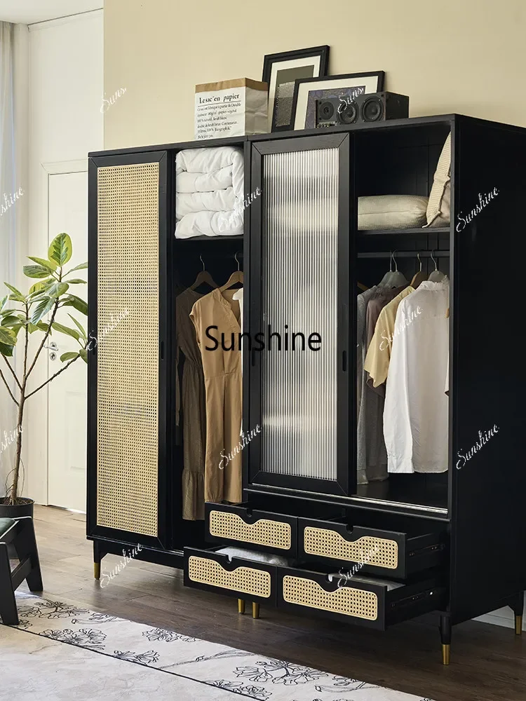 YFrench retro rattan wardrobe combination small household push-pull, landing against the wall