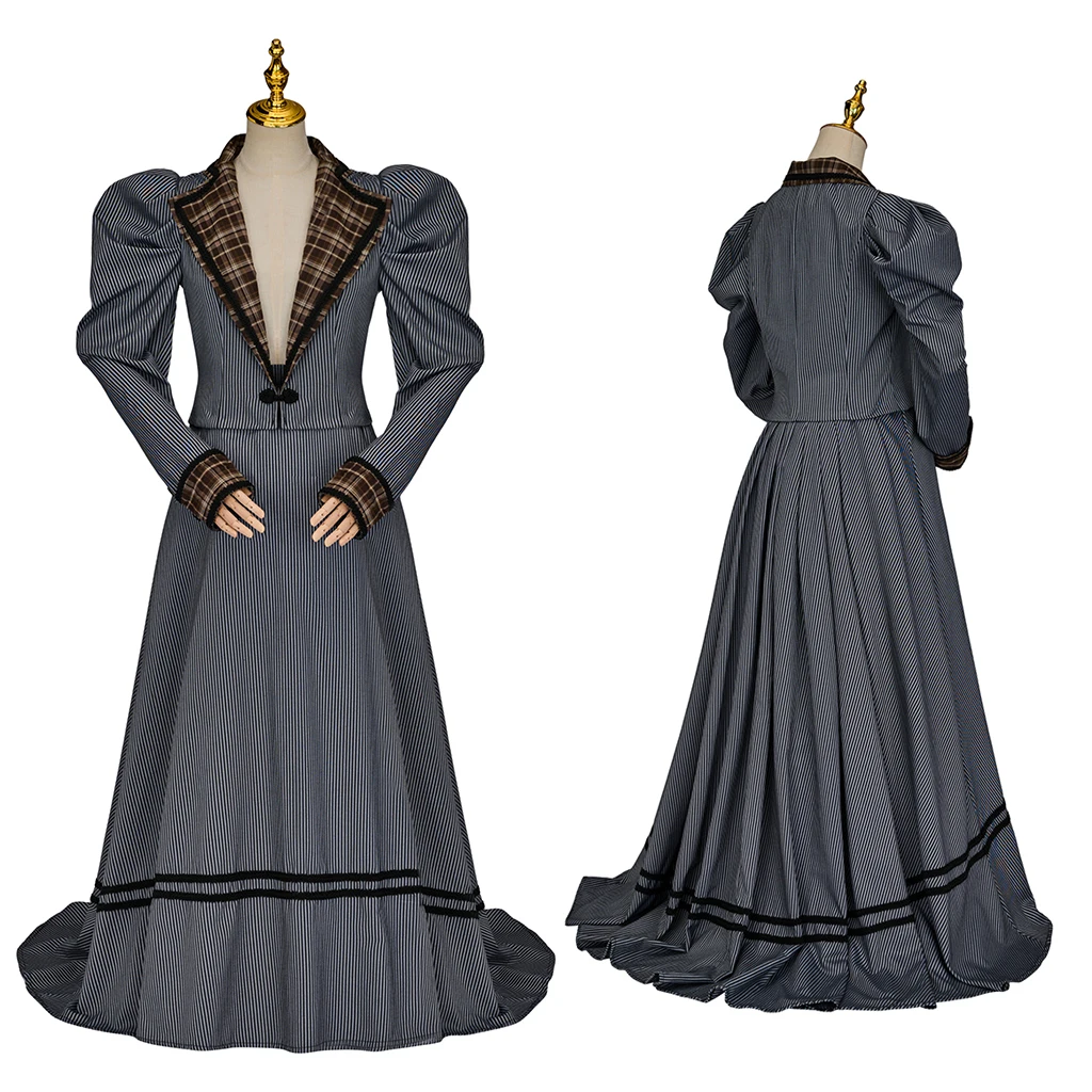 

Edwardian Duchess Dress Victorian Royal Court Costume Female Sexy Deep V Striped Business Skirts Suit Downton Abbey Cosplay Gown