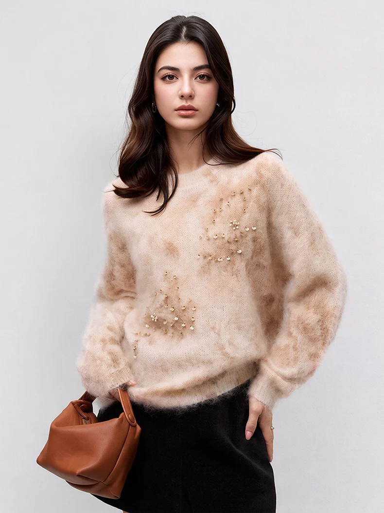 SuyaDream, Women Watercolor Floral Print Mohair Knit Sweater, Crew Neck Loose Pullover, Hand Beaded Sequin Fluffy Knit Top