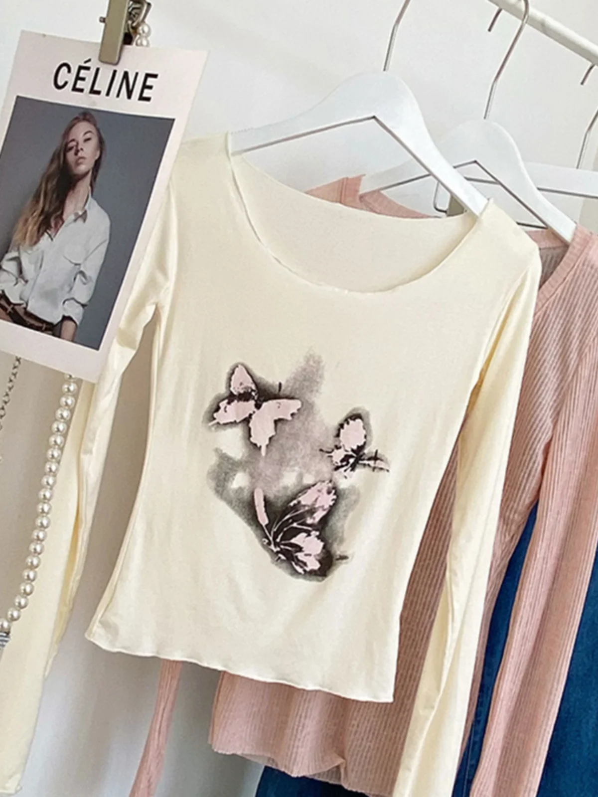 

Tie Dye Slim Fit Long Sleeve Short Length Low Neck Base Shirt Women Early Spring New Design Spicy Girl Style Korean round Neck