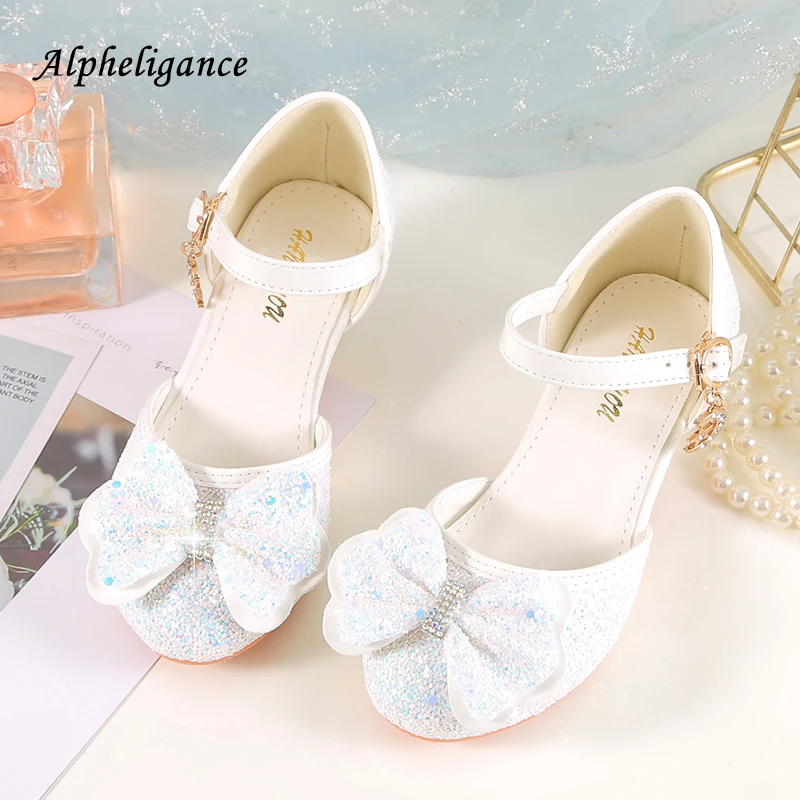 Alpheligance Girls Leather Shoes Children Baby Princess Bowknot Princess Shoes Sequines High Heel Dancing Girls Flower shoes