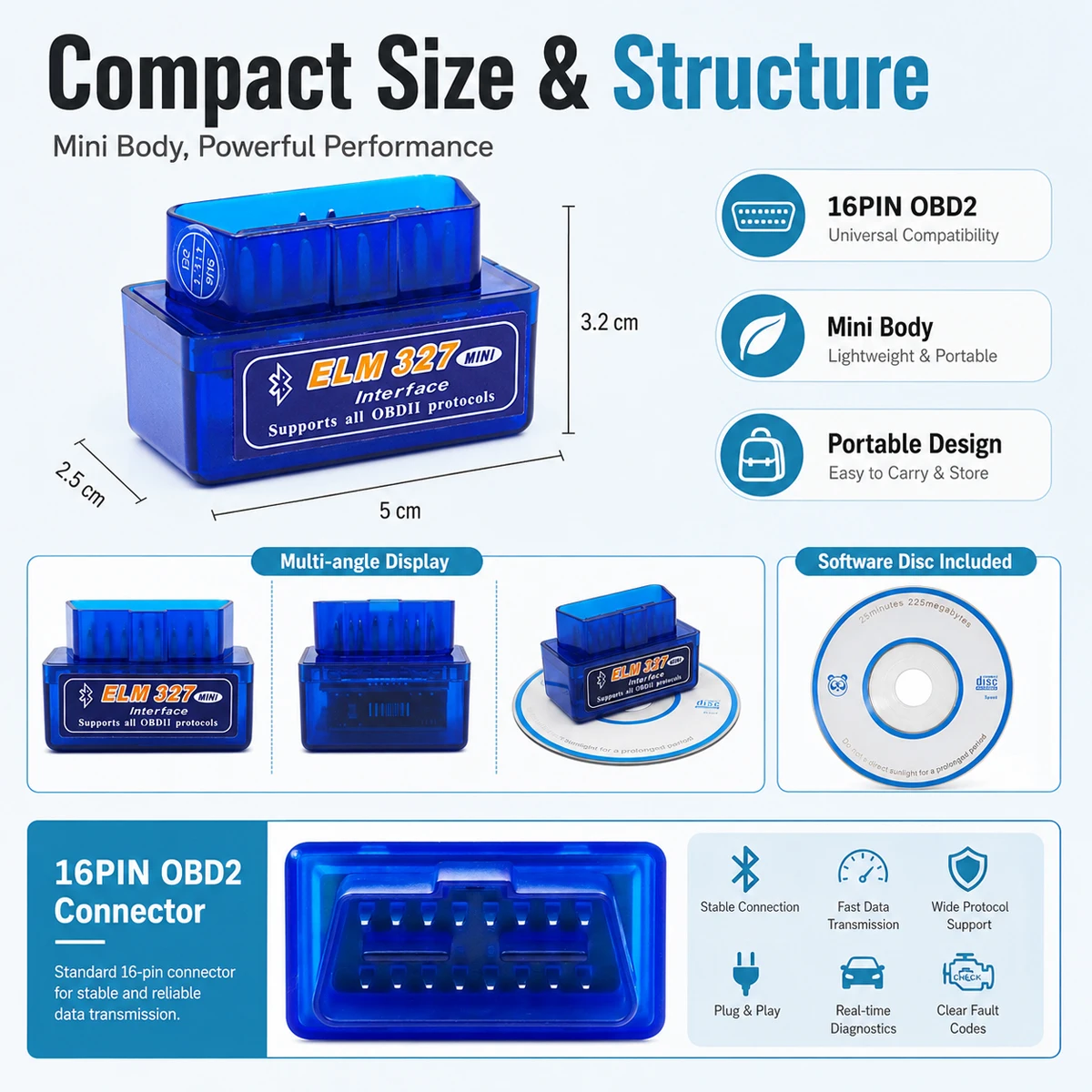 Lanke ELM327 Mini Bluetooth OBD2 Scanner Car Diagnostic Tool Code Reader Check Engine Fault Reset Adapter