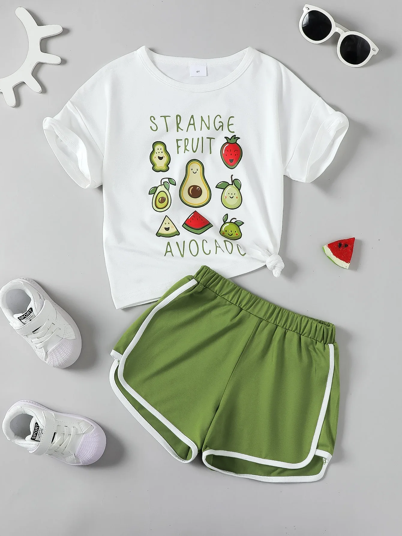 2PCS Summer Child Girl Clothing Set Short Sleeve Fruit&Letter Print Top+Shorts Sport Style Casual Wear For Kid Girl 4-7 Years