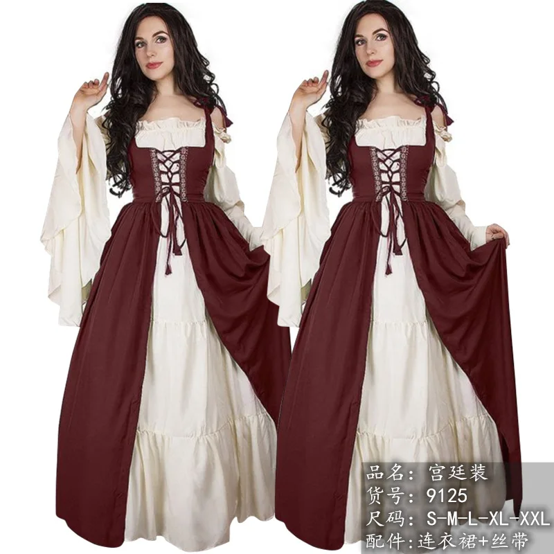 Women's Medieval Renaissance Costume Halloween Vintage Cosplay Princess Dress Tied At Waist Gothic Corset Long Dress