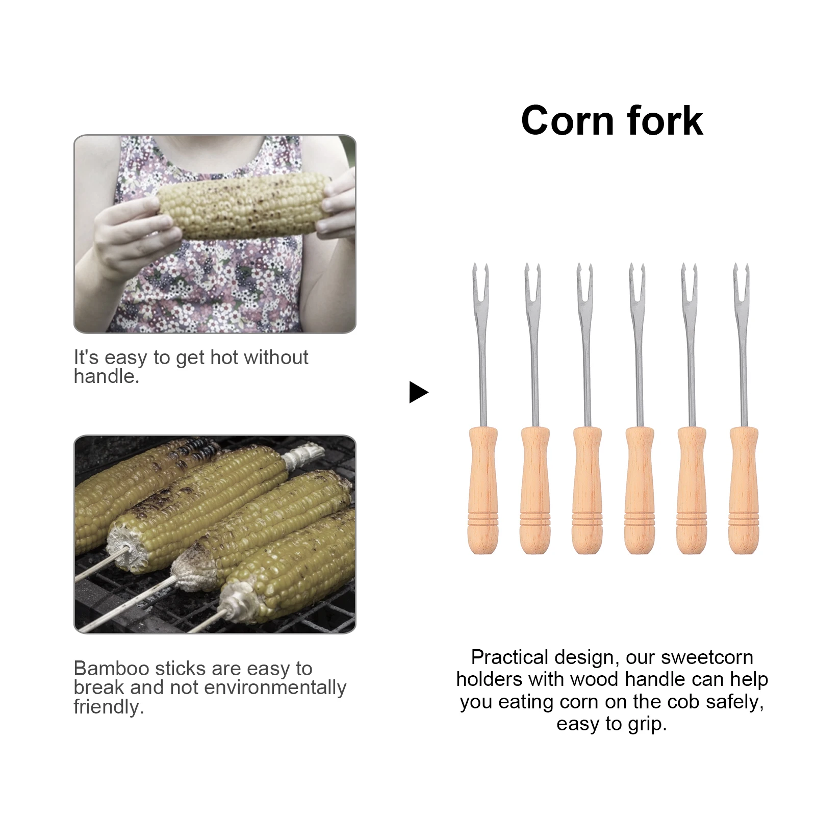 

6 Pcs Stainless Steel Corn Holders Reusable Wooden H Forks BBQ Party Hotpot Sweetcorn Cob Skewers Kitchen Tools