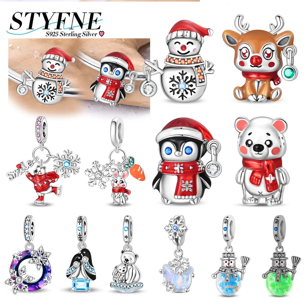 Winter Charms 925 Silver Warm Bear Penguin Snowman Elk Beaded Pendant Fit Original Bracelet Diy Fine Jewelry Gifts for Women